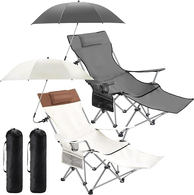 Yuntau 2 Set Reclining Beach Chairs with UPF 50+ Umbrellas Shade, Upgraded Heavy Duty Portable Folding Lounge Camping Chair with Canopy Removable Footrest & Headrest for Outdoor Patio(Grey, White)