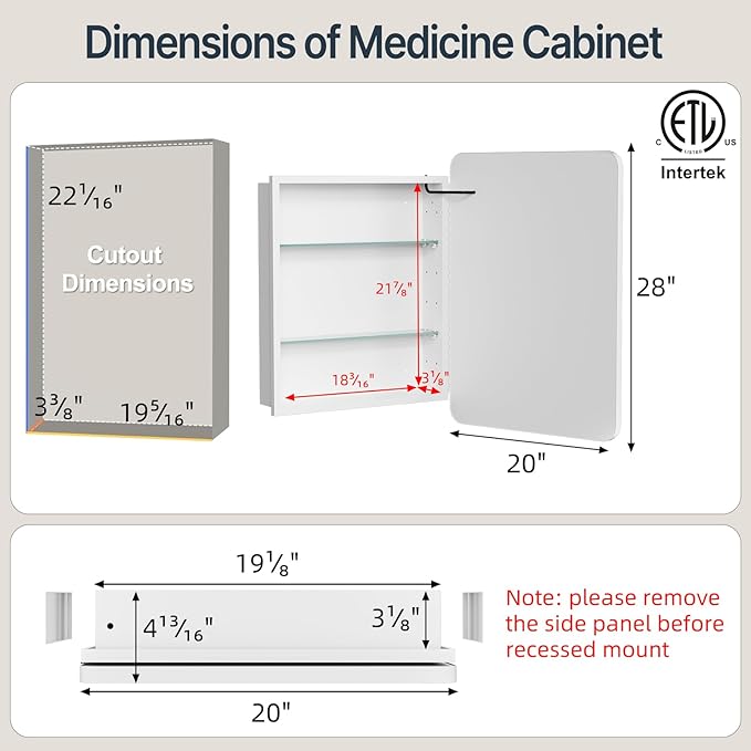 20x28 Inch Medicine Cabinet with Mirror, Recessed or Surface Mount Bathroom Medicine Cabinet with LED Lights, Anti-Fog, Memory Function, Adjustable Shelf, Dimmable Light, ETL Listed, White,Right Hinge