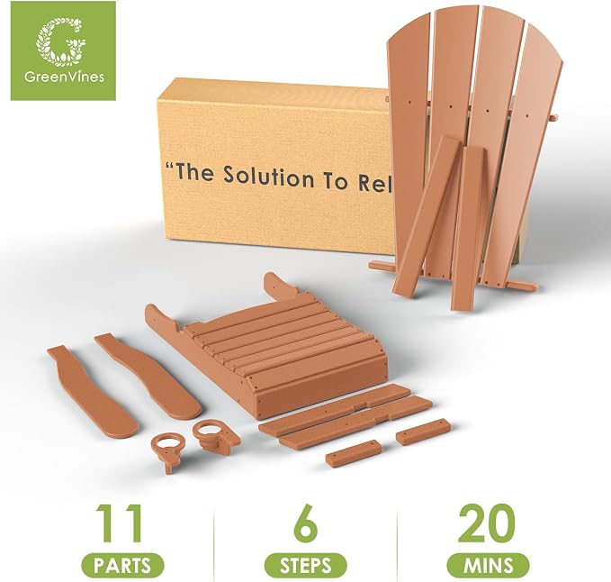GREENVINES Adirondack-Chairs-with-Ottoman | Set of 4 | Folding | Retractable-Footrest | HDPE Plastic | All Weather Fire Pit Chair | Cup Holders | Teak | for Outdoor Poolside