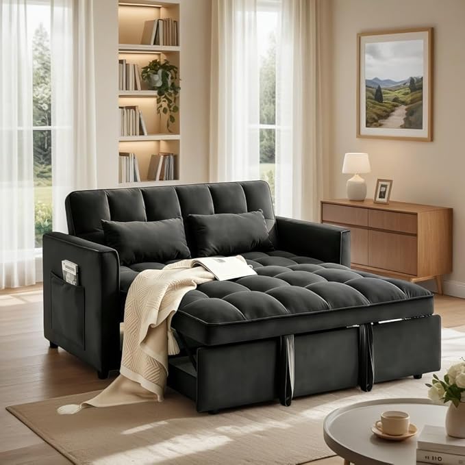 3 in 1 Convertible Sleeper Sofa Bed, Velvet Fabric Loveseat Sofa Bed with Adjustable Backrest & Large Side Pockets, Pull Out Couch for Small Spaces, Apartment, Living Room, Black