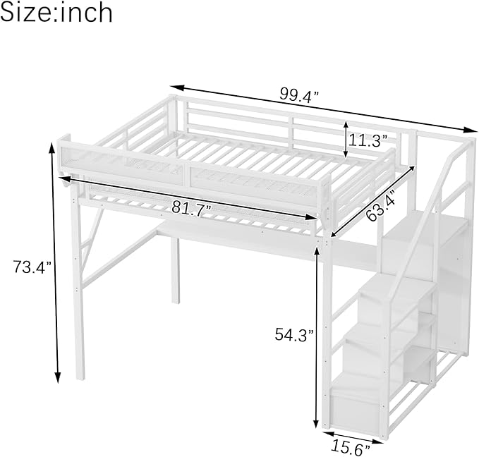KEIKI Queen Size Metal Loft Bed Frame with Desk, Staircase, Built-in Storage Shelves and Wardrobe, Modern Loft Bed with Solid Slat, Guardrail, No Box Spring Required, Easy Assembly, for Bedroom, White