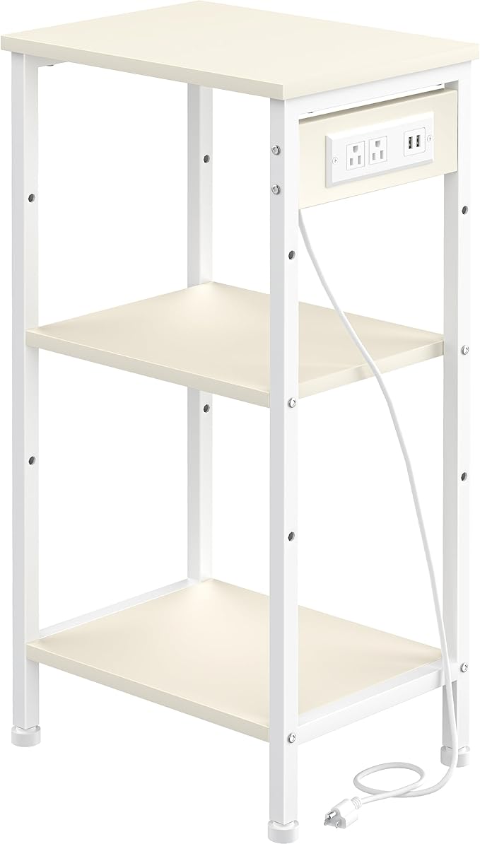 Asgolion Tall End Table with Charging Station, 3 Tier Narrow Tall Nightstand with Storage, Slim Side Table for Bedroom, Living Room, Nursery, Office, Cream White