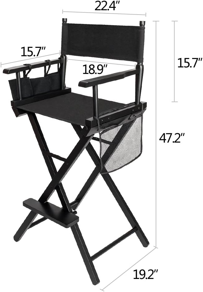 OmySalon Upgraded 31" Height Tall Director Chair Folding Artist Makeup with Replacement Cover Canvas, Storage Side Bags, Portable Footrest, Support 250 lbs,Solid Hardwood & Polyester Black