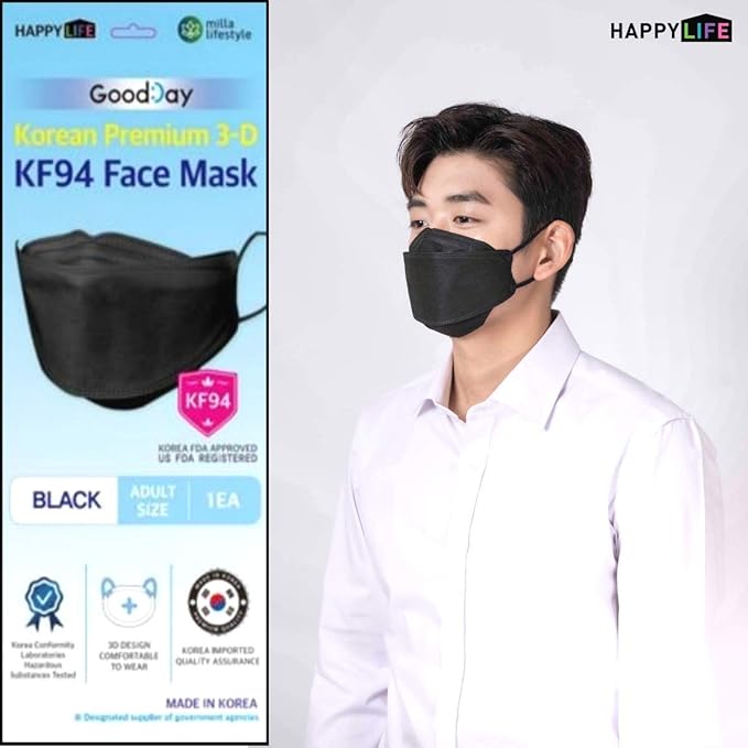 (Pack of 10) Black Disposable KF-94 Face Mask, 4-Layer Filters, Made in Korea, Nose Mouth Covering Dust Mask (individual Packed)(Black Color)