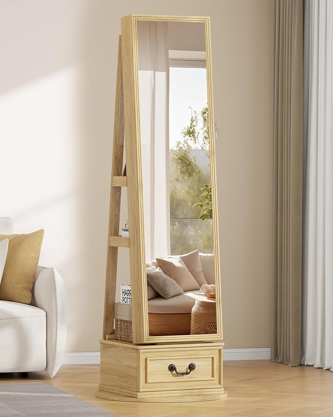 Vlsrka Mirror Jewelry Cabinet Standing, 360° Swivel Jewelry Armoire with Full Length Mirror, Lockable Mirror with Jewelry Storage, 3-Color LED Lights, Foldable Makeup Shelf