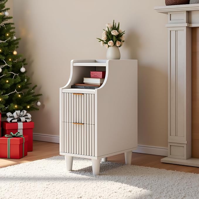 7.9" Narrow Fluted Nightstand Set of 2,Slim Side End Table with 2 Drawers,White Modern Bedside Table,Skinny Night Stand for Bedroom,Small Space