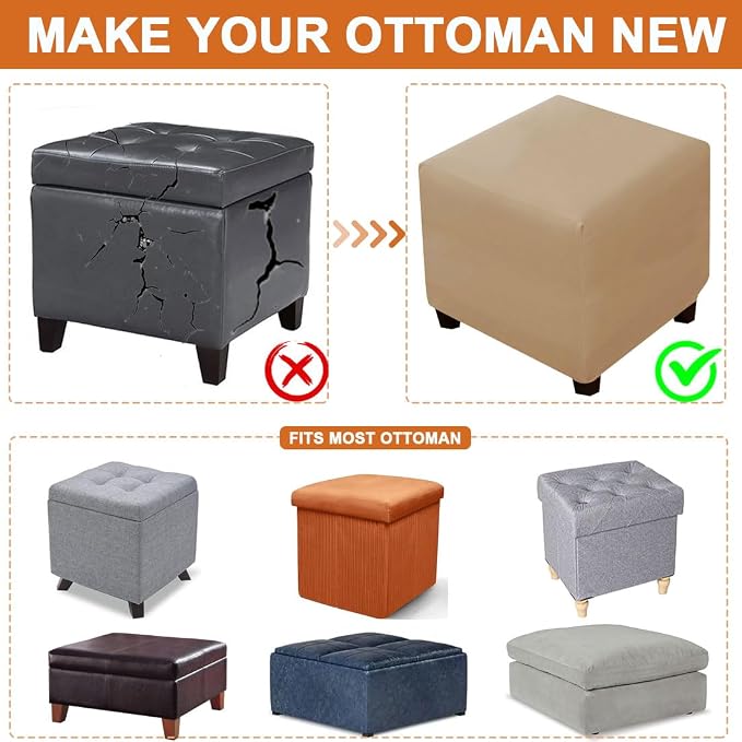 Waterproof Ottoman Cover Square Stretch PU Soft Folding Storage Ottoman Cover with Elastic Bottom Cube Footrest Foot Stool Slipcovers Machine Washable(Large/Light Coffee)