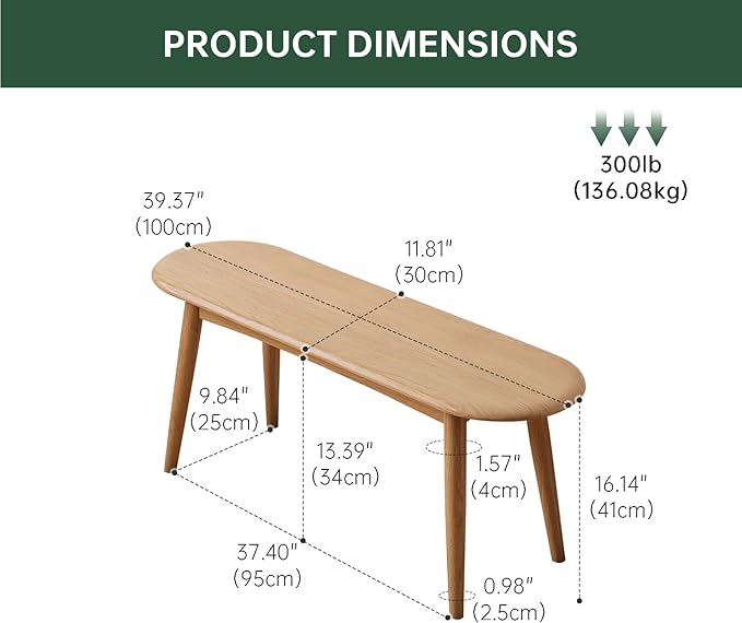 100% Solid Oak Wood Dining Bench, 39.5'' Entryway Bench Ottoman End of Bed Benches with Rounding Corner Design for Kitchen Dining Room Living Room Bedroom, Natural