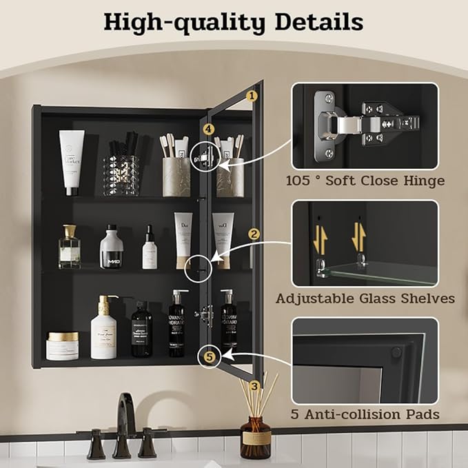 Spliceable Modular Bathroom Medicine Cabinet with Soft Close Doors with Glass on Both Sides, Reversible Wall Mounted Mirror (28" L x 20" W)