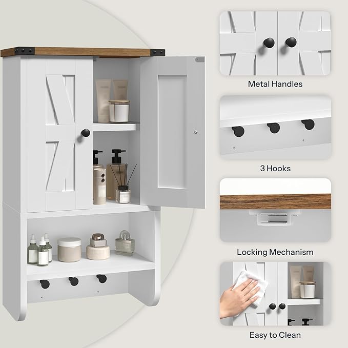 MAHANCRIS Bathroom Wall Cabinet, Farmhouse Medicine Cabinet with Adjustable Shelf, 3-Tier Wall-Mounted Storage Cabinet with 3 Hooks and Open Shelf, for Bathroom, Living Room, Kitchen, White and Walnut