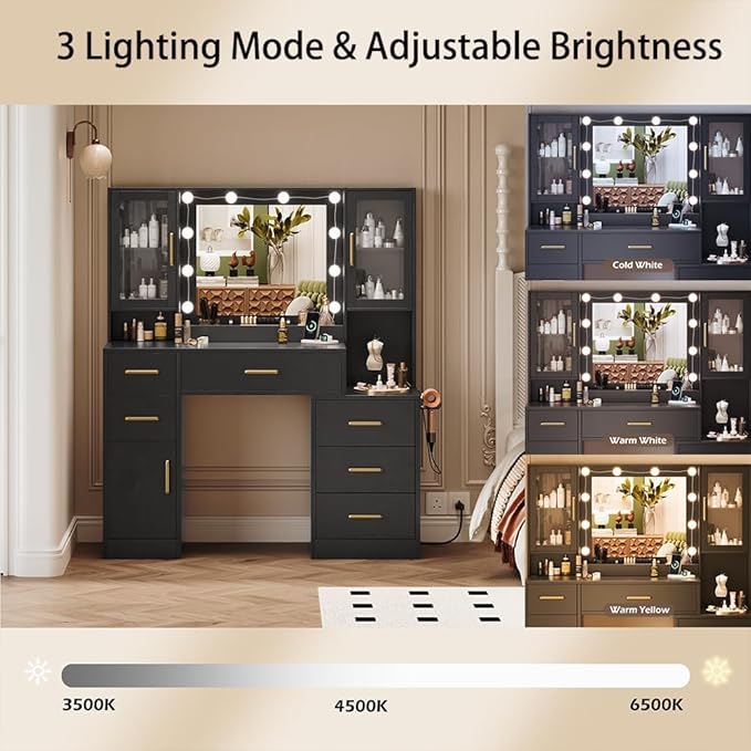 TOKSOM Makeup Vanity Desk with Mirror and Lights, 51" Makeup Vanity with Lights & Charging Station, Dressing Table Vanity Set for Bedroom, Vanity Table with 6 Drawers and 3 Cabinet Black