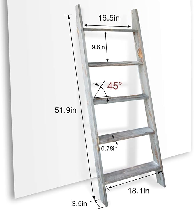 Honest Blanket Ladders for The Living Room, 5-Tier Blanket Holder, Wall-Leaning Blanket Rack, Ladder Shelves, Wooden Quilt Ladder, Farmhouse Decor, Grey