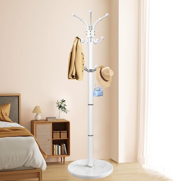 OIRUMIE Coat Rack with Natural Marble Base, Metal Freestanding Coat Racks with 14 Hooks, 360°Rotary Coat Rack Stand for Hanging Scarf, Bag, Jacket, White Coat Clothes Tree Hanger Holder Stand