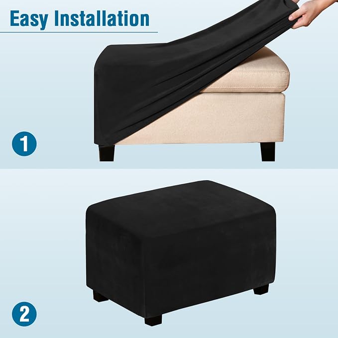 H.VERSAILTEX Real Velvet Plush 1 Piece Form Fit Stretch Rectangle Folding Storage Covers Ottoman Slipcovers Removable Footstool Protect Footrest Covers Elastic Bottom, Machine Washable(Large, Black)