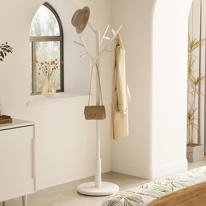 Muwuele Coat Rack, Solid Wood Coat Rack Freestanding with 12 Hooks, Coat tree freestanding 3 Adjustable Heights for coat, Hats, Handbags，Coat Stand for Entryway,Bedroom (White)