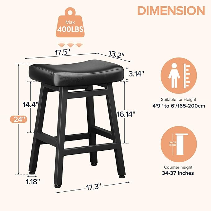 Raynesys Counter Height Bar Stools Set of 3, 24 Inch Barstools for Kitchen Counter, Kitchen Stools with Bonded Leather Saddle Seats & Heavy Duty Metal Legs, Easy Assembly, All Black