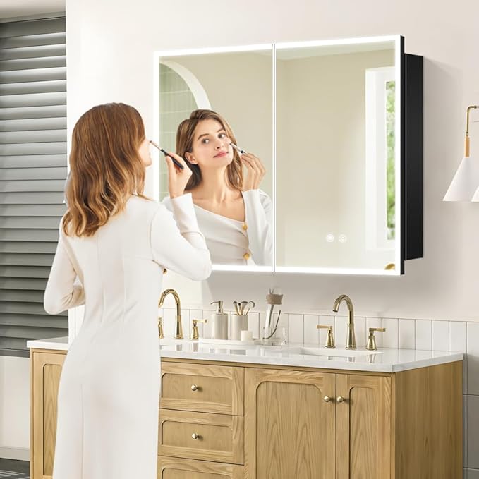 LED Medicine Cabinet with Light,36×32inch,Recess Mirror Cabinet for Bathroom,3 Color,Dimmable,Demister,Detachable Side Plate,Recess Mount or Surface Mount