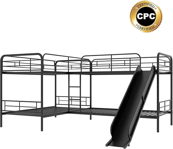 Bellemave Quad Bunk Beds with Slide L-Shape Bunk Bed for 4 Twin Over Twin Metal Bunked Frame for Kids Boys Girls Teens, Black