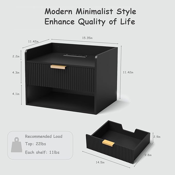 Arbuxzuy Floating Nightstand Set of 2, Wall Mounted Nightstand with Charging Station, Floating Bedside Table with Drawer, Minimalist Wooden Floating Night Stand for Bedroom (Black)
