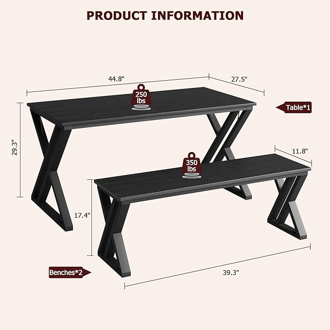 GAOMON Dining Table Set for 4, Kitchen Table with Sturdy Metal Frame, Rectangular Dining Room Table Set with 2 Benches, Saving Space for Kitchen, Dining Room, Apartment, 44.8", Black