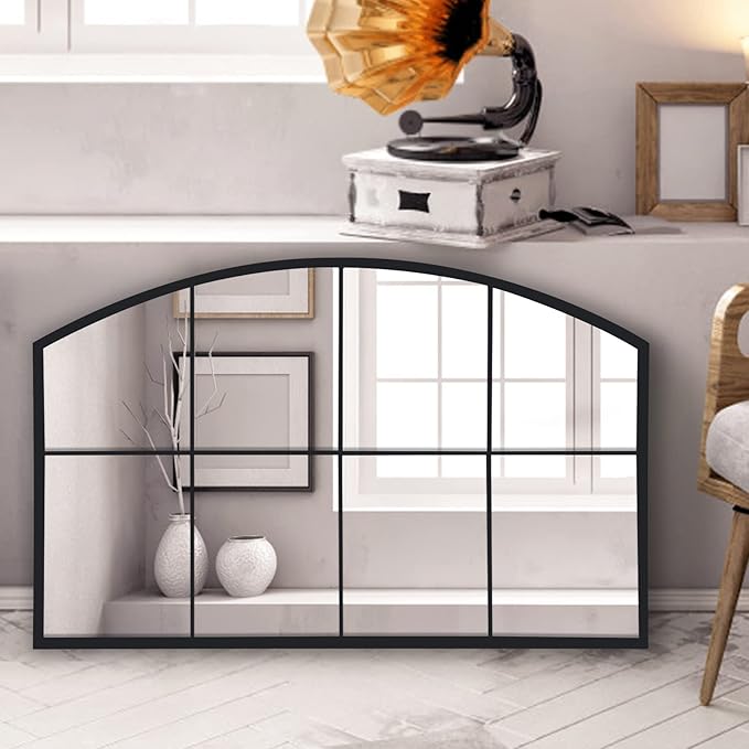 WAMIRRO Wide Window Pane Black Mirror,Farmhouse Arched Wall Mirrors,Grid Mirrors for Fireplace/Entryway/Hallway/Living Room,28“X42” (Black Wide Mirror)