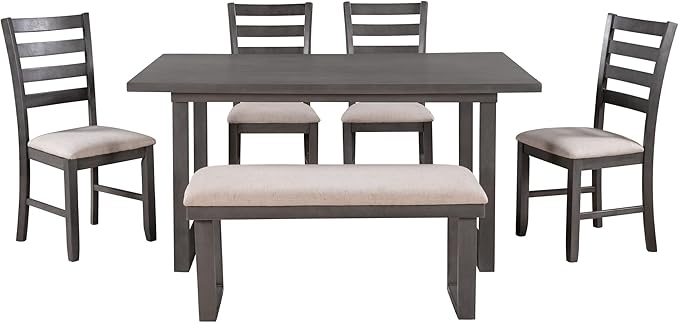 Harper & Bright Designs 6 Piece Kitchen Dining Table Set Wooden Rectangular Dining Table Set for 6, Solid Wood Dining Room Set with Rectangular Table & 4 Chairs with Bench(Gray) ST000055AAE-MZJ