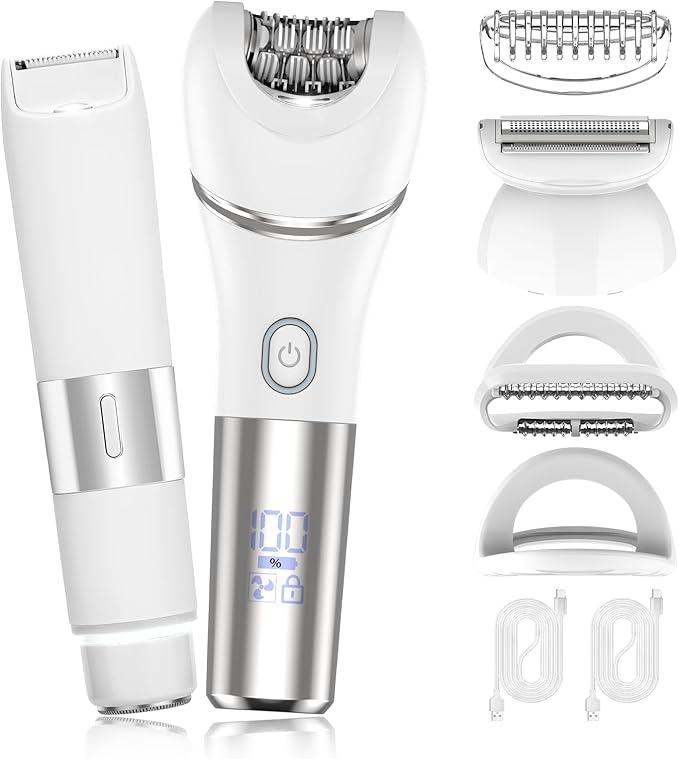脱毛器 女性用 - 2-in-1 電動シェーバー 女性用、デュアルヘッド ビキニトリマー アンダーヘア・顔用、コードレス 脱毛ボディシェーバー スムーズなウェット/ドライシェービング対応、LEDライト付き