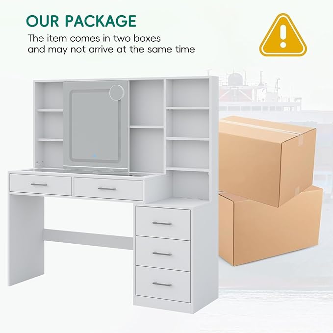 Yanosaku 51" Makeup Vanity with Sliding Mirror and Lights, Vanity with Charging Station, Vanity Desk with 5 Drawers, 2 Adjustable Shelves, Glass Top, Makeup Vanity Desk with Chair for Bedroom, White