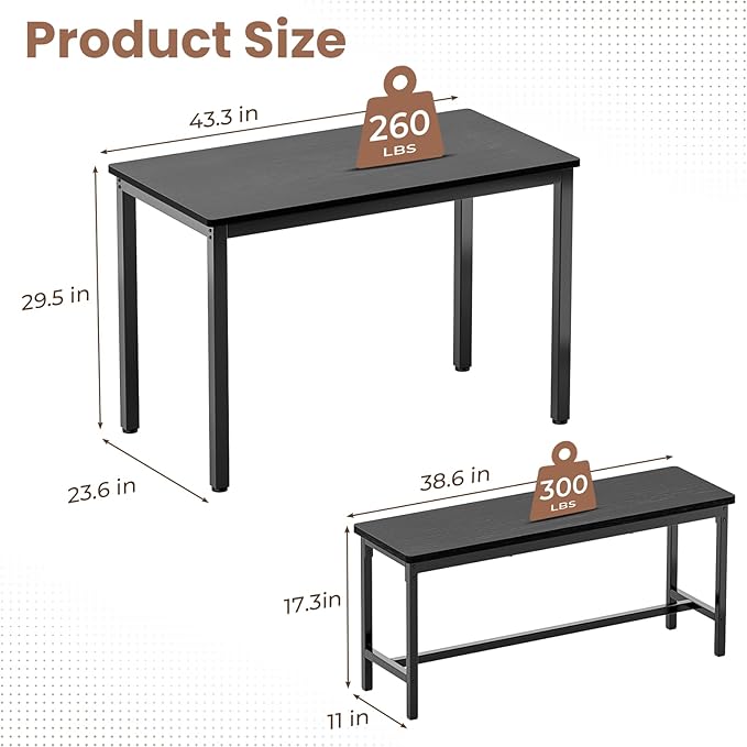 Dining Table Set for 4, Kitchen Table with 2 Benchs, Space Saving Dining Room Table Set for 4 Person, 3 Piece Office Table Set for Small Space, Breakfast Nook, Office, Apartment, Black