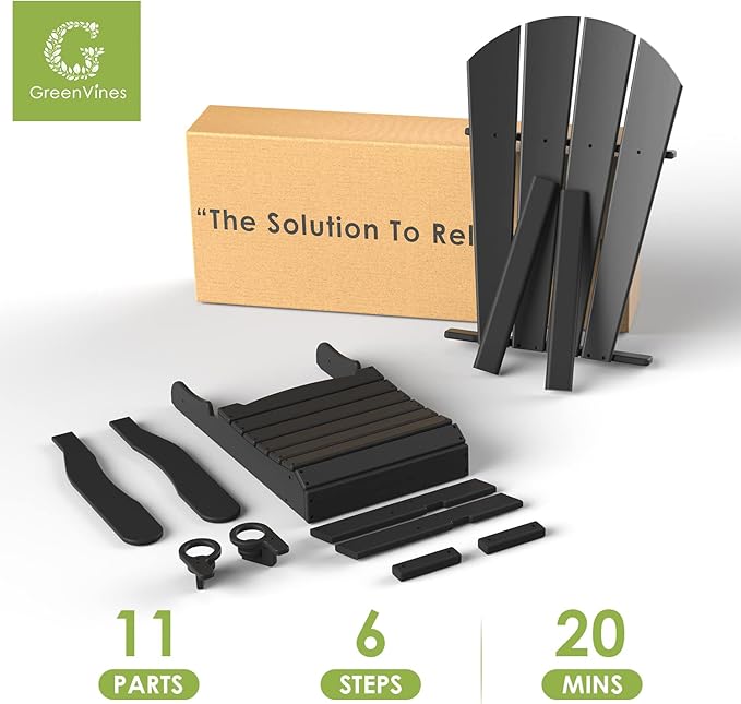 GREENVINES Adirondack-Chairs-with-Ottoman | Set of 2 | Folding | Retractable-Footrest | HDPE Plastic | All Weather Fire Pit Chair | Cup Holders | Black | for Outdoor Poolside