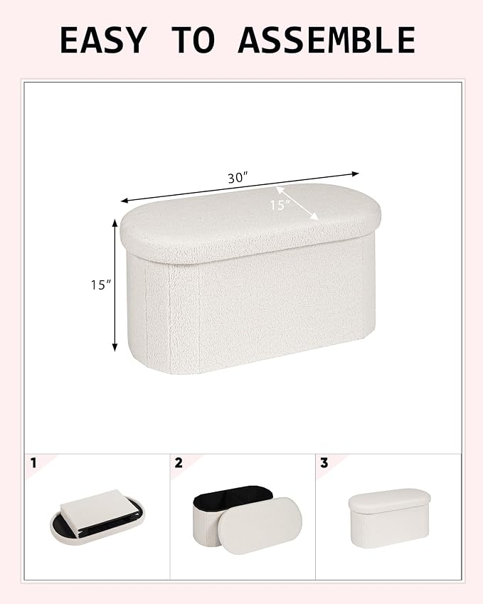 30" Oval Foldable Ottoman with Storage, Teddy Boucle Fabric Footrest, Storage Bench for Living Room, Bedroom, Entryway, Dorm, White