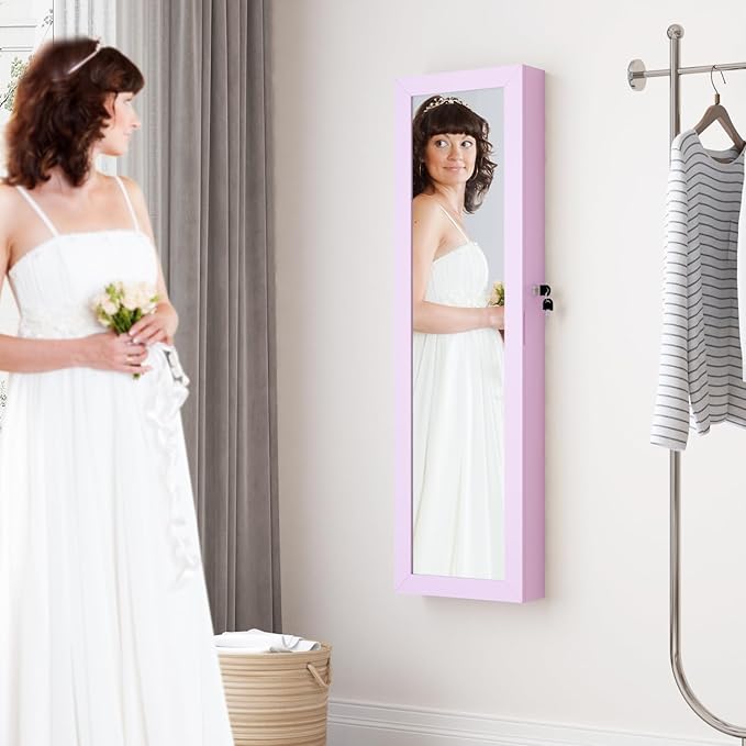 Full Length Mirror Jewelry Cabinet Organizer Lockable Door Wall-Mounted Jewelry Armoire with Shelves and Behind the Door Storage Pink