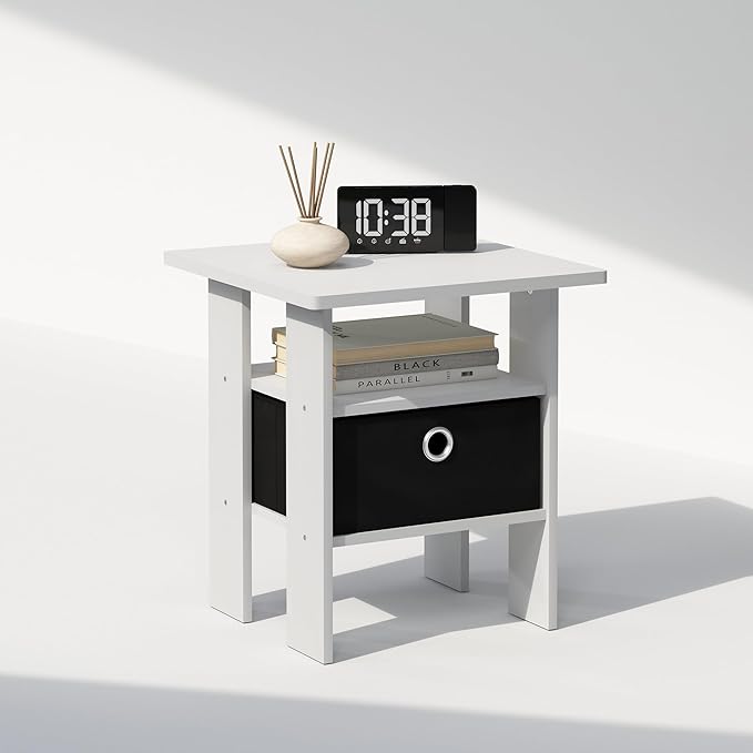 Furinno TIDUR Night Stand, Open Shelf Design Nightstand with Storage Bin, Bedside Table, End Table, Side Table, for Bedroom, Closet, Dorm, White