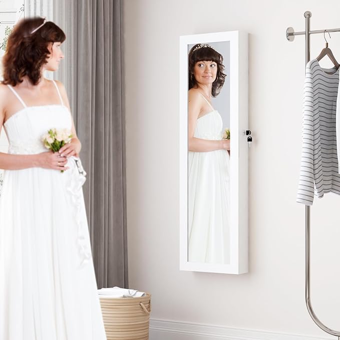 Full Length Mirror Jewelry Cabinet Organizer Lockable Door Wall-Mounted Jewelry Armoire with Shelves and Behind-the-Door Storage - White