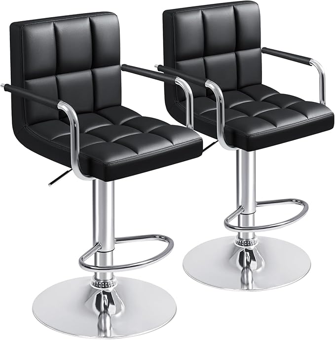 Furmax Bar Stools with Armrest Modern PU Leather Swivel Adjustable Hydraulic Bar Stool X-Large Base and Seat Square Counter Height Stool Set of 2 (Black)