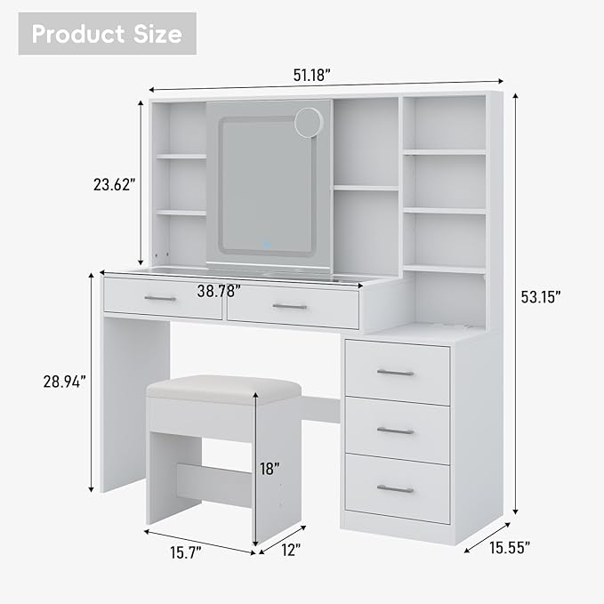 Yanosaku 51" Makeup Vanity with Sliding Mirror and Lights, Vanity with Charging Station, Vanity Desk with 5 Drawers, 2 Adjustable Shelves, Glass Top, Makeup Vanity Desk with Chair for Bedroom, White
