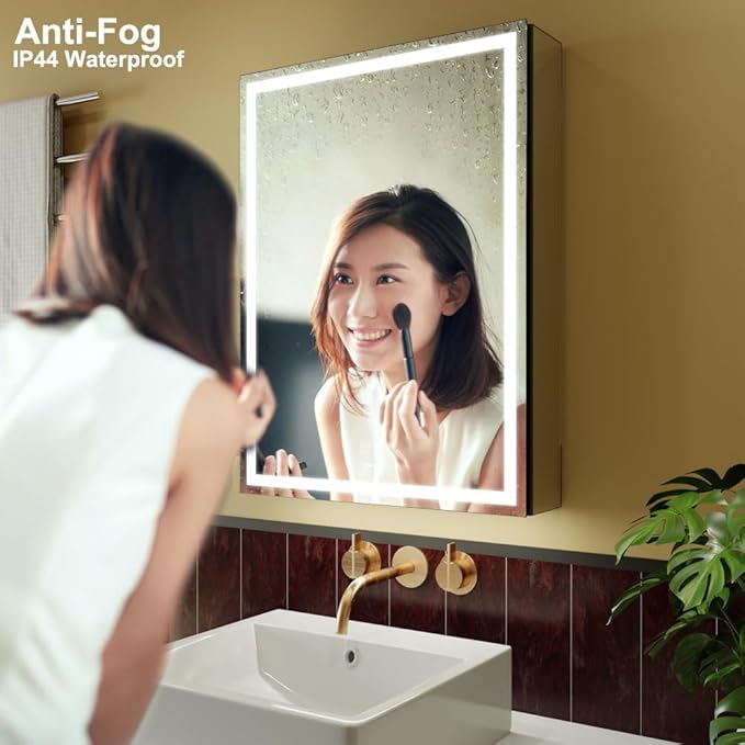 GANPE LED Lighted Bathroom Medicine Mirror Cabinet with Sockets & USBs, Anti-Fog Dimmable Light and Color Adjustment, Easy to Install Aluminum Cabinet (20 * 28 Left Hinge)
