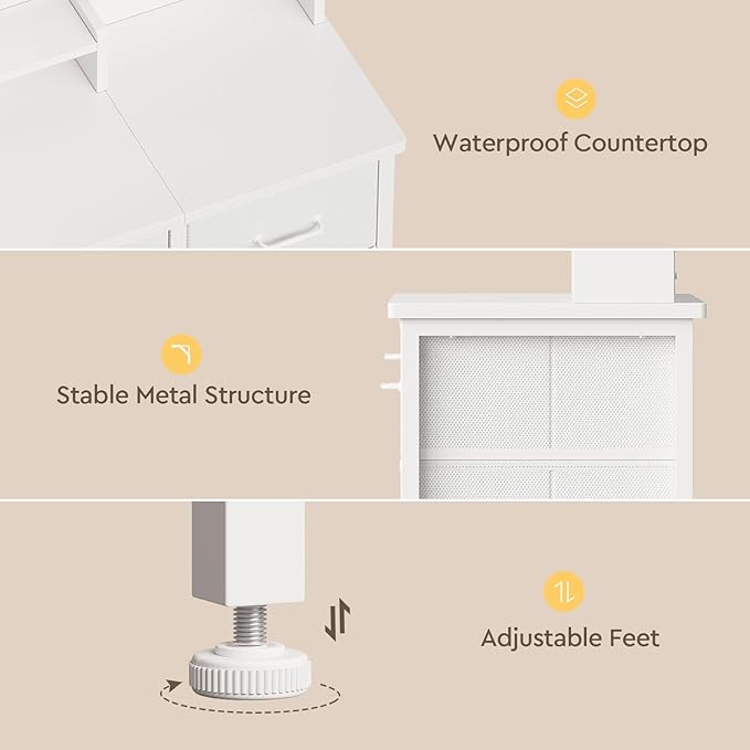 YeTom Vanity Desk with Mirror and Lights, Makeup Vanity Desk with 4 Fabric Drawers & Storage Shelves & Side Table, 3 Color Modes & Adjustable Brightness, White Vanity, Bedroom Furniture