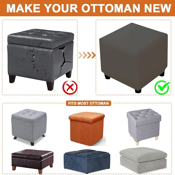 Waterproof Ottoman Cover Square Stretch PU Soft Folding Storage Ottoman Cover with Elastic Bottom Cube Footrest Foot Stool Slipcovers Machine Washable(Medium/Dark Gray)