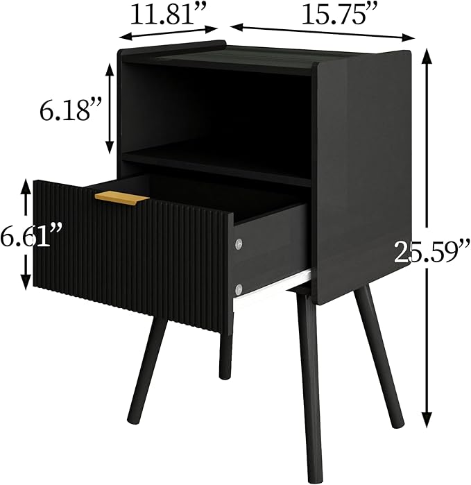 Veegle Nightstand,Modern Bedside Table with Storage Drawer and Open Wood Shelf, Accent Night Stand with Solid Wood Legs for Living Room, Bedroom and Small Spaces,Easy Assembly (Black)