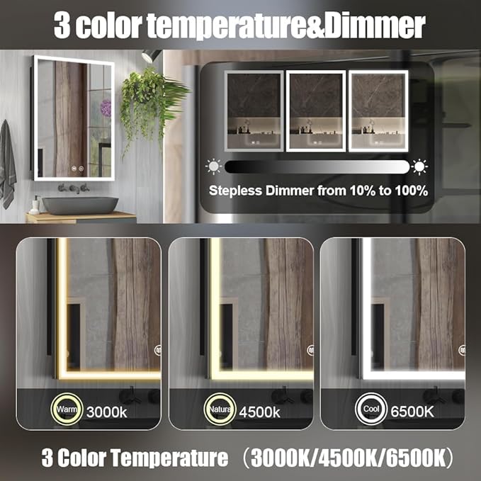 LED Medicine Cabinet with Light,20×28inch,Recess Mirror Cabinet for Bathroom,3 Color,Dimmable,Demister,Detachable Side Plate,Recess Mount or Surface Mount