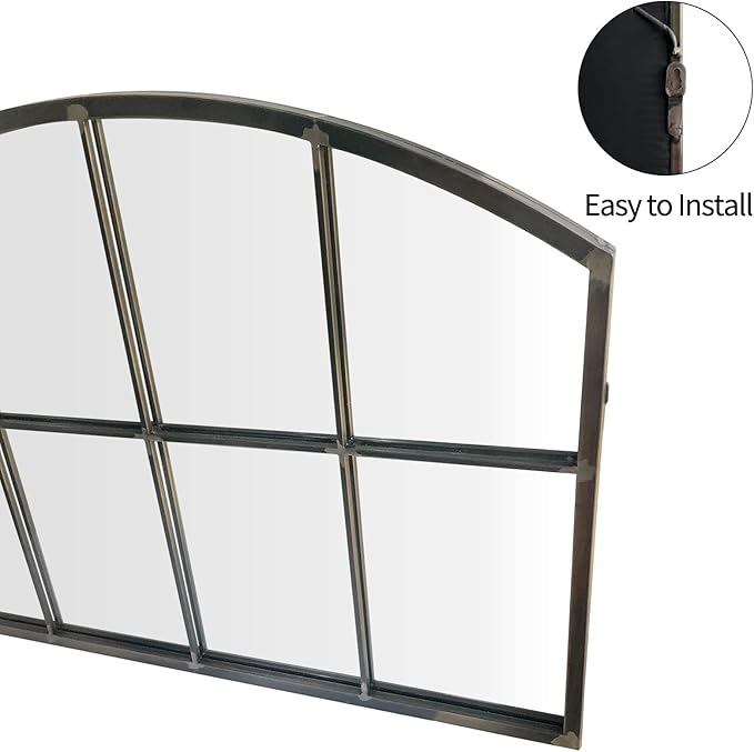 WAMIRRO Wide Window Pane Black Mirror,Farmhouse Arched Wall Mirror,Mantel Mirror for Fireplace/Entryway/Hallway/Living Room,42“X28” (Vintage Retro-Grey Wide)