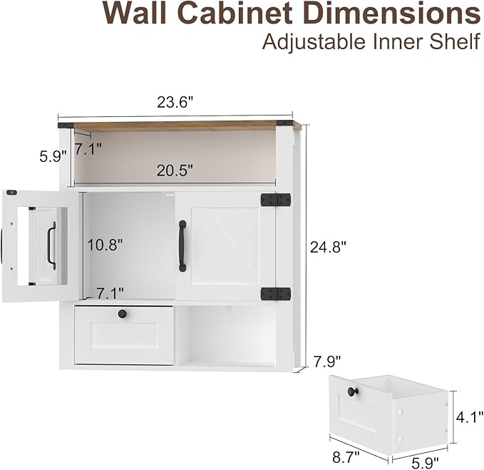 M METERXITY Bathroom Wall Cabinet, Farmhouse Medicine Cabinet with Mirror, Drawer, Barn Doors, Over the Toilet Storage Cabinets Wall Mounted for Bathroom Kitchen Laundry Entrance, Rustic