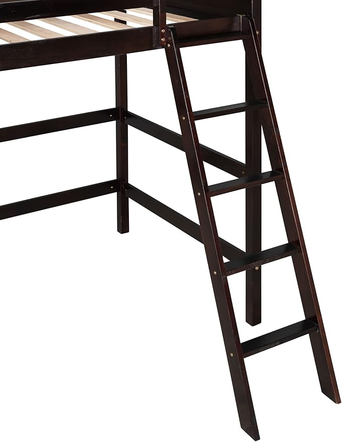 Merax Twin Modern Kids Wood Loft Bed with Gardrail and Ladders Loft Bunk Bed for Juniors, No Box Spring Needed, Espresso