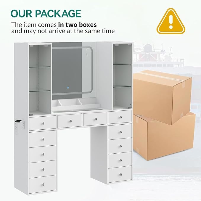 Yanosaku Vanity with 12 Drawers & 2 RBG Lights Cabinets, Makeup Vanity with Mirror and Lights, Vanity Desk with Power Outlet, Tempered Glass Top, Ample Storage, Makeup Vanity Desk for Bedroom, White