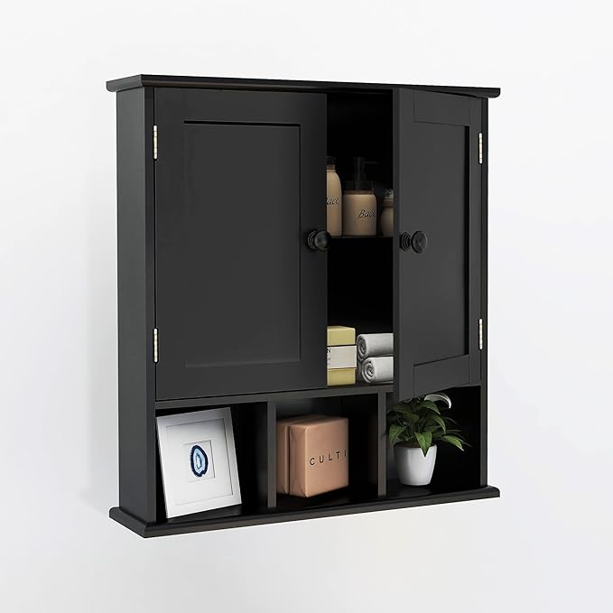 TaoHFE Black Bathroom over the Toilet Storage Cabinet, Wall Medicine Cabinet Organizer with 2 Door Adjustable Shelves, Wooden Modern Bathroom Shelves Wall Mounted Laundry Room, 21L x 5.1W x 23H Inches