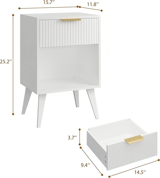 YAUKOMEL Fluted Night Stand with Opening Storage,Mid Century Bedside Table with Drawer,Modern Nightstand with Solid Wood Legs,End Table Side Table for Living Room,Bedroom,White CTG56W