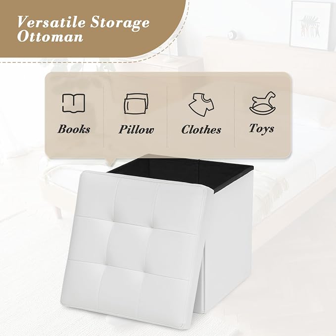 Athena Collection Leather Square Ottoman with Storage, 15 Inch Small Storage Ottoman, Multipurpose Footstool Foot Rest for Living Room, Bedroom, Dorm, White