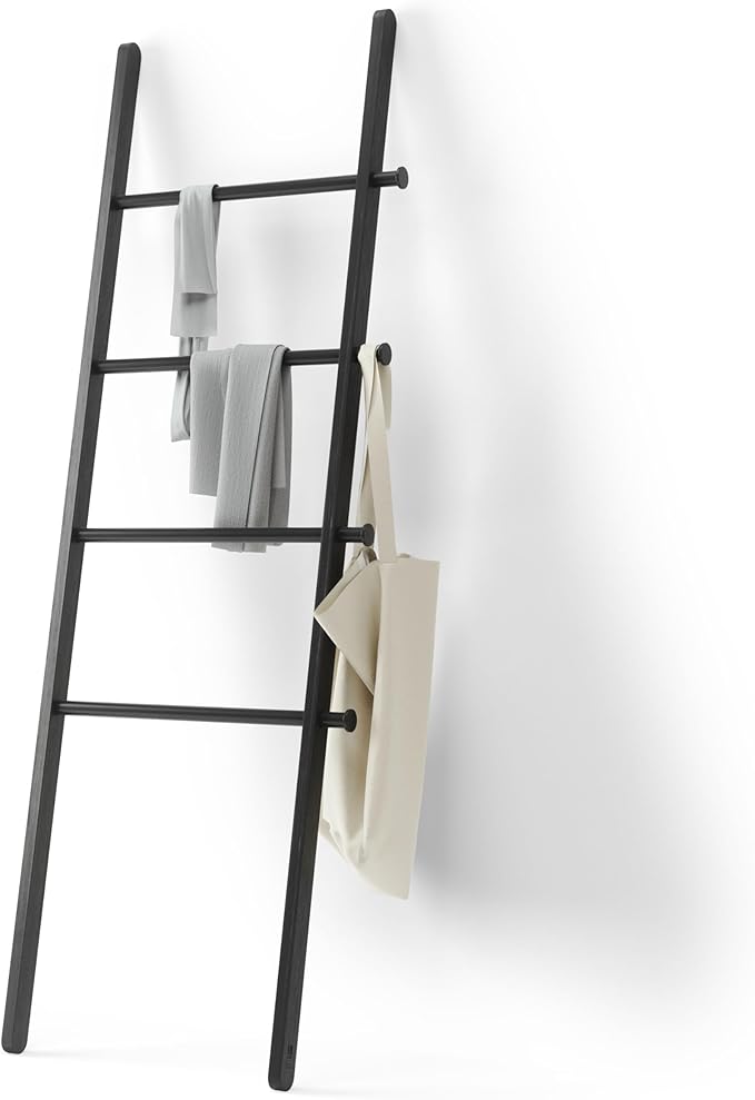 Umbra Leana Decorative Ladder, Expandable Blanket Rack, Bathroom Towel Holder, and Clothes Organizer, Regular, Black