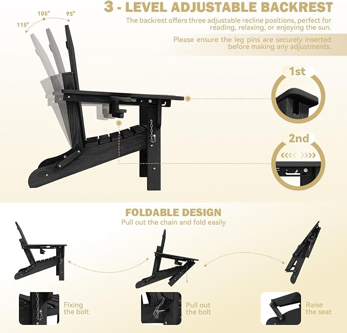 Mdeam 3-Level Adjustable Adirondack Chair with Retractable Ottoman, HDPE All-Weather Folding Fire Pit Chair with 2 Cup Holders, Outdoor Chair for Deck Patio Garden Backyard Lawn (Black)